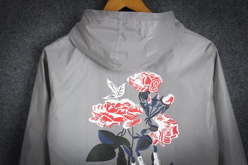 2019 jeseni Moških rose natisnjeno celotno reflektivni Windbreaker baseball Hooded Suknjič hip hop male Svoboden Priložnostne Coats bomber jakno