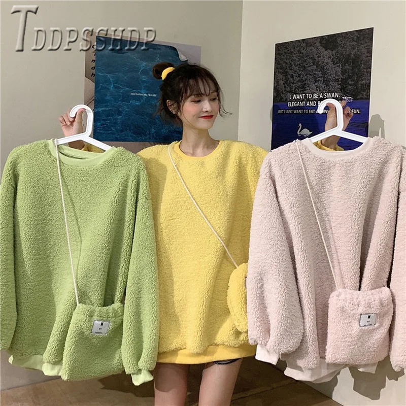 2019 Korejski Moda Candy Barve Ženske Majica Imitacije Lambswool Ženski Zgornji Del Trenirke