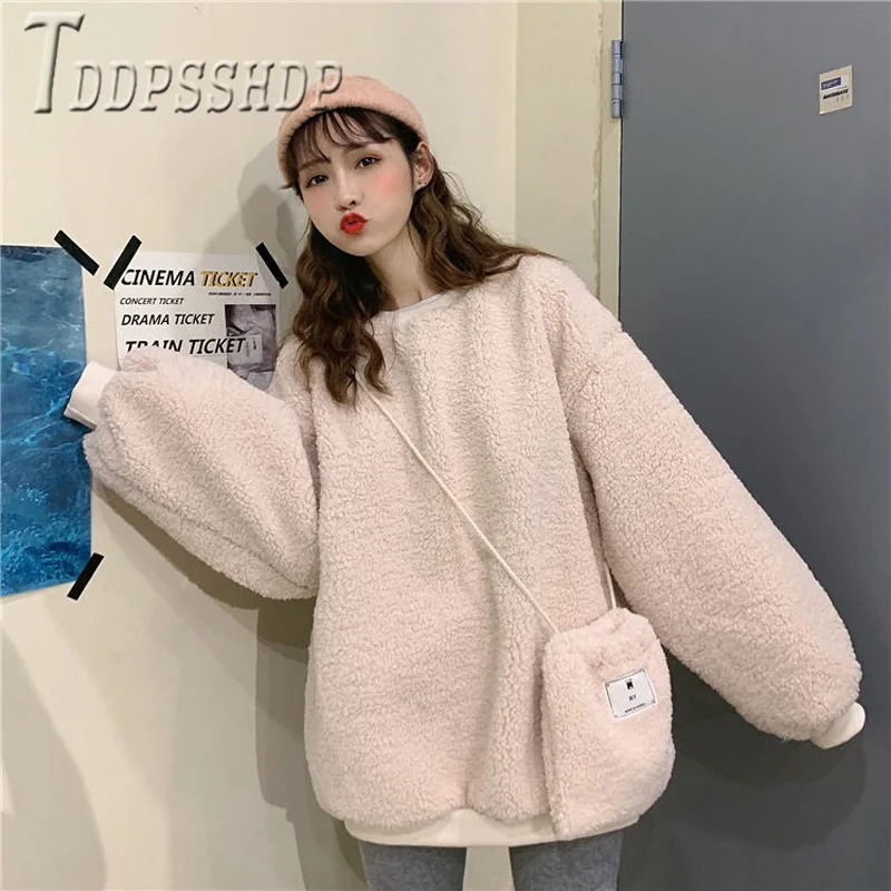 2019 Korejski Moda Candy Barve Ženske Majica Imitacije Lambswool Ženski Zgornji Del Trenirke