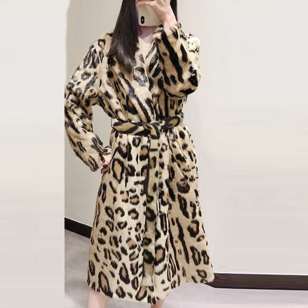 2019 Leopard Tiskanja Specializiranimi Za Umetno Krzno Plašč Dolg Rokav S Pasom Znižuj Ovratnik Kotlovec Suknjič Zimski Plašč Ženske Teddy Plašč Fourrure Femme