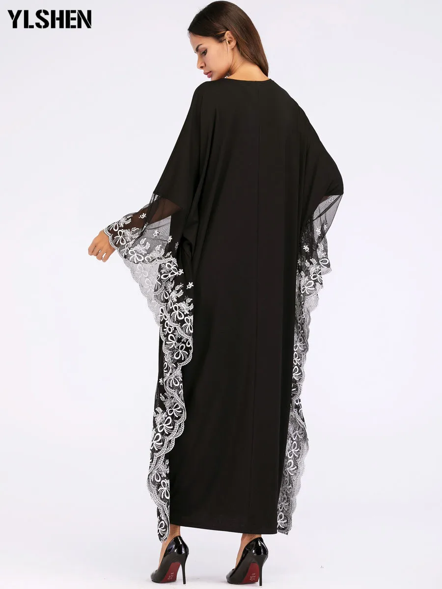 2019 Muslimanskih Abaya Dubaj Ženske Seksi Vezene Čipke Batwing Rokav Moslim Obleko Tam Kaftan Islamske Turčija Islamske Obleka Black