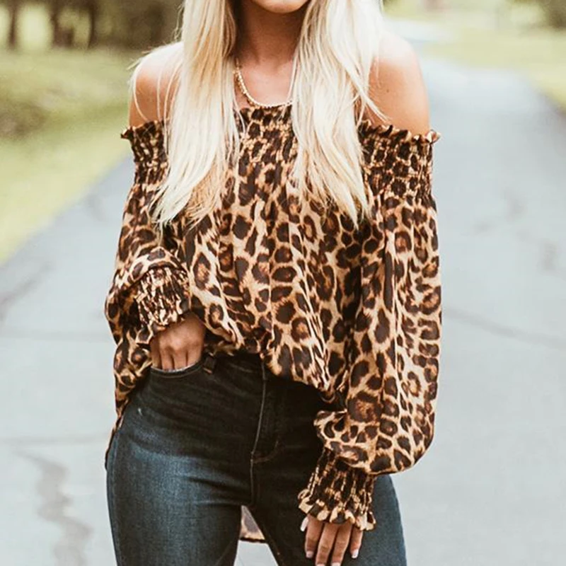 2019 Nova Jesenska Moda za Ženske Seksi Off Ramenski Dolg Rokav T-majice Priložnostne Leopard Poševnica Vratu Vrhovi Plus Velikost
