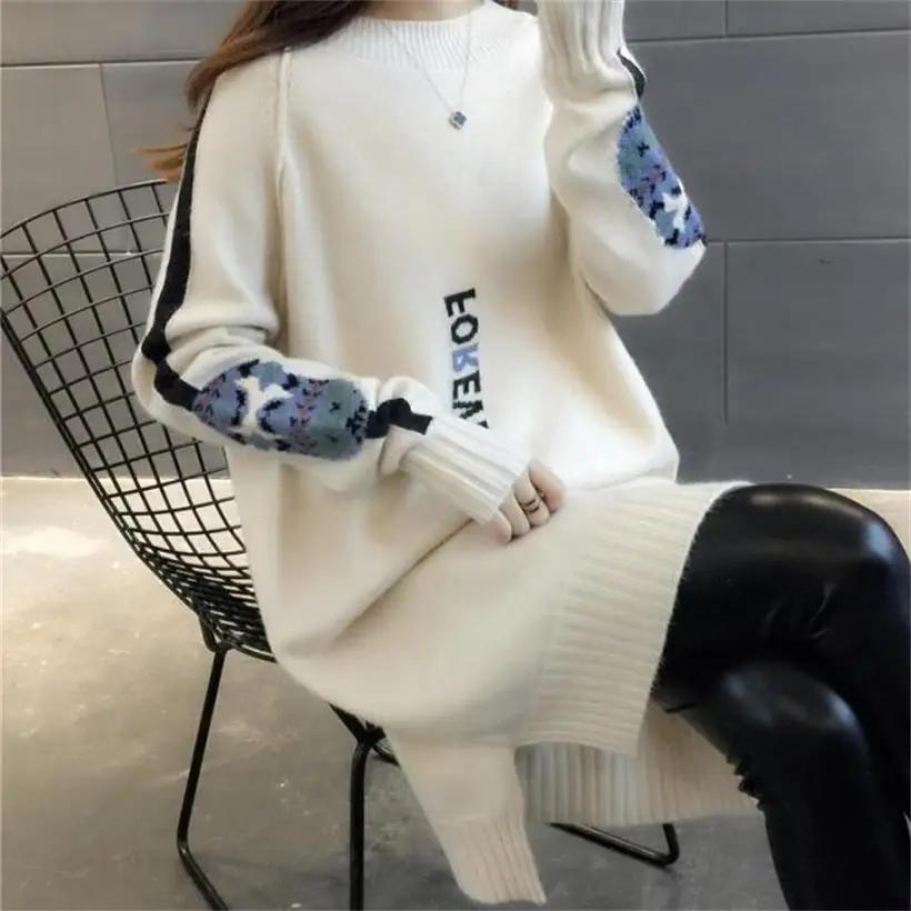 2019 nove vroče prodajo žensk pomlad jesen o-vratu pletene puloverje obleke ženska dolgo slog pismo pulover obleko 4 barve