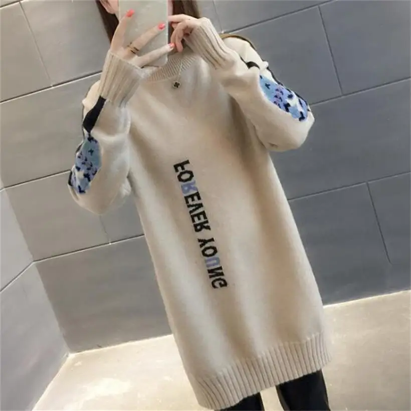 2019 nove vroče prodajo žensk pomlad jesen o-vratu pletene puloverje obleke ženska dolgo slog pismo pulover obleko 4 barve