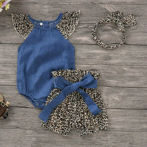 2019 Novorojenčka Otroci Baby Dekle Leopard Sunsuit Oblačila Malčka Dekleta Poletje Denim Romper Hlače Hlače Glavo 3PCS Obleke Set