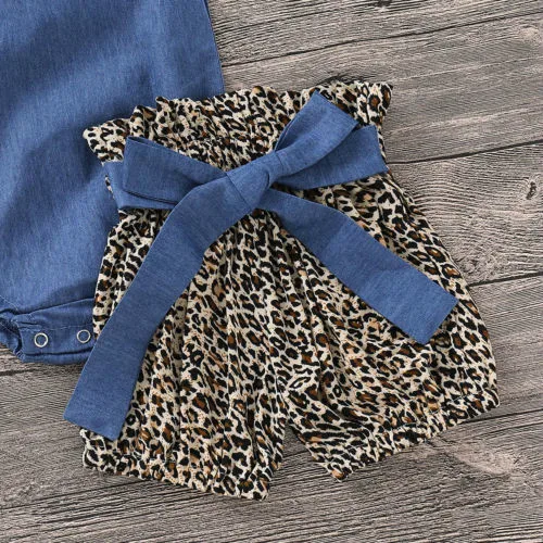 2019 Novorojenčka Otroci Baby Dekle Leopard Sunsuit Oblačila Malčka Dekleta Poletje Denim Romper Hlače Hlače Glavo 3PCS Obleke Set