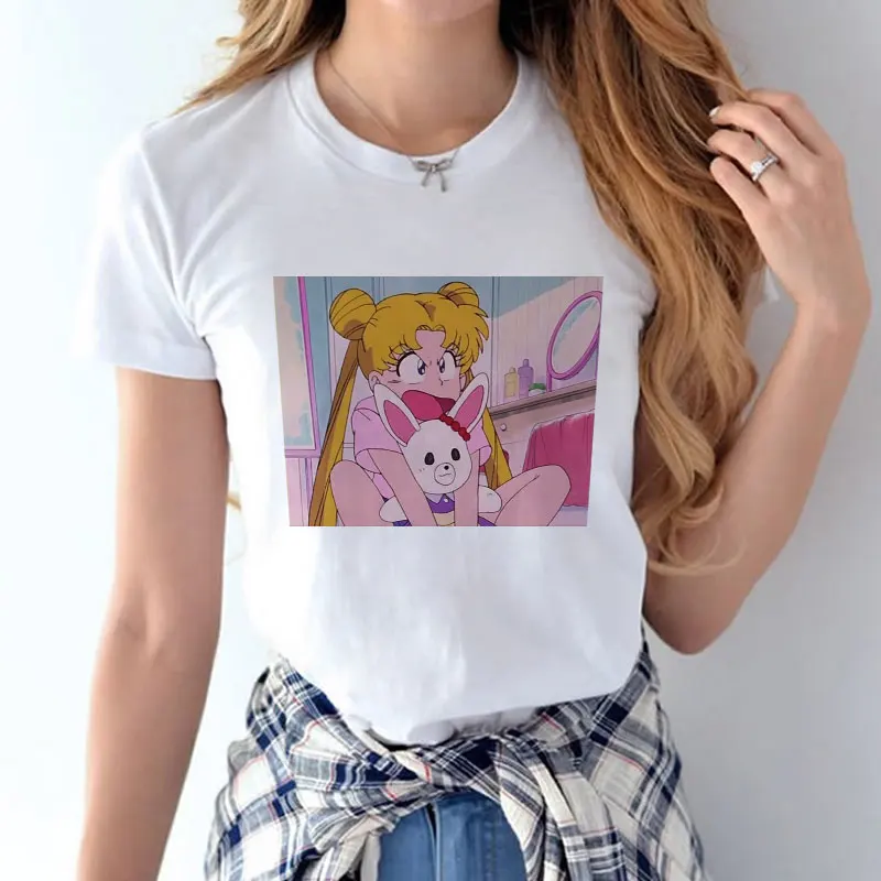 2019 Poletje Nova Modna majica s kratkimi rokavi Sailor Moon Tiskanja Harajuku Kratka sleeved Zabavno T-shirt Risanka Rokavi Tshirt Ženske