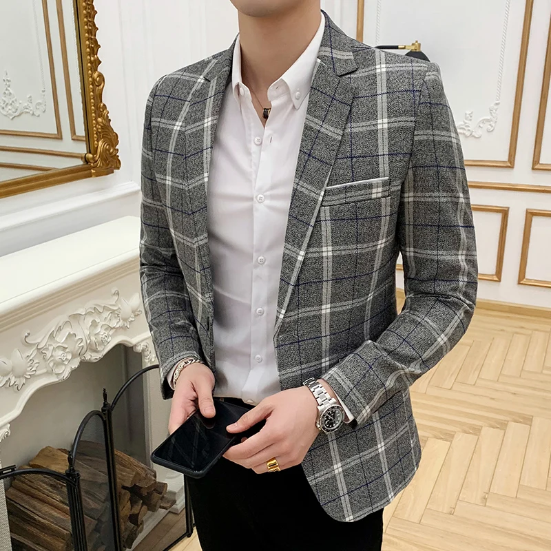 2019 pomlad klasičnih kariran moški Jopič Britanski Slim business casual obleko, jakno moda za moške eno sponko poroko jakna M-3XL