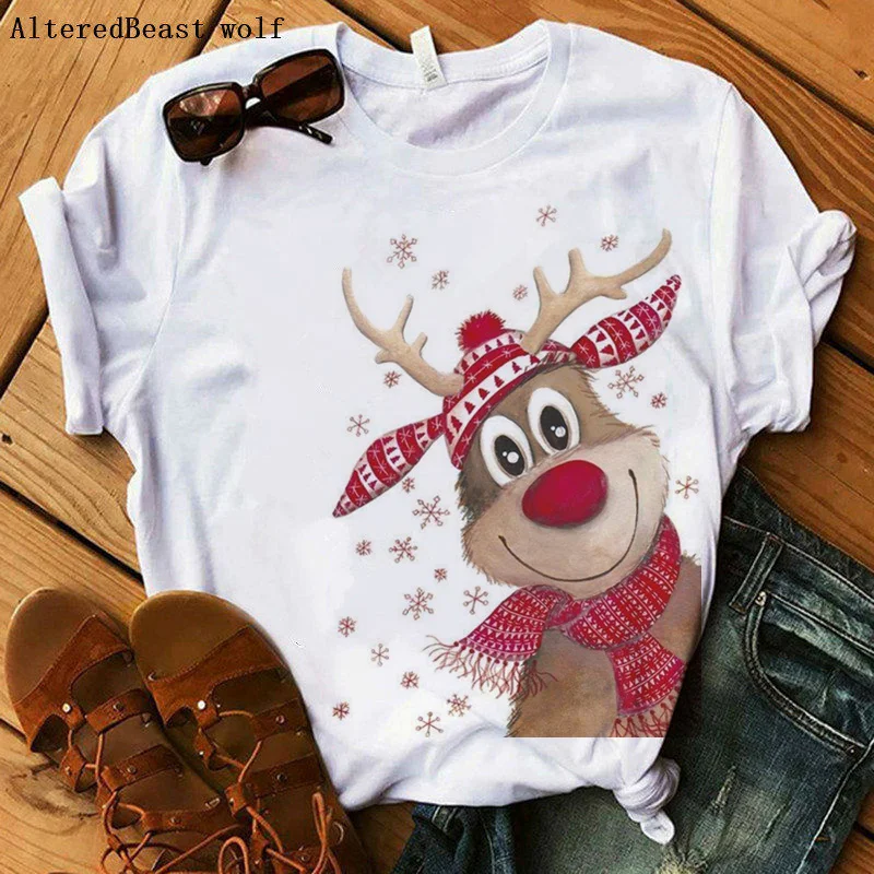 2020 Božič srčkan jelenov Majica s kratkimi rokavi ženske risanka harajuku natisnjeni modi bela ženska majica kratek rokav Vrhovi