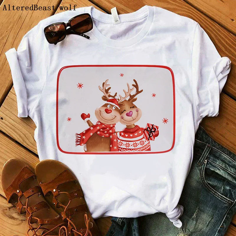 2020 Božič srčkan jelenov Majica s kratkimi rokavi ženske risanka harajuku natisnjeni modi bela ženska majica kratek rokav Vrhovi