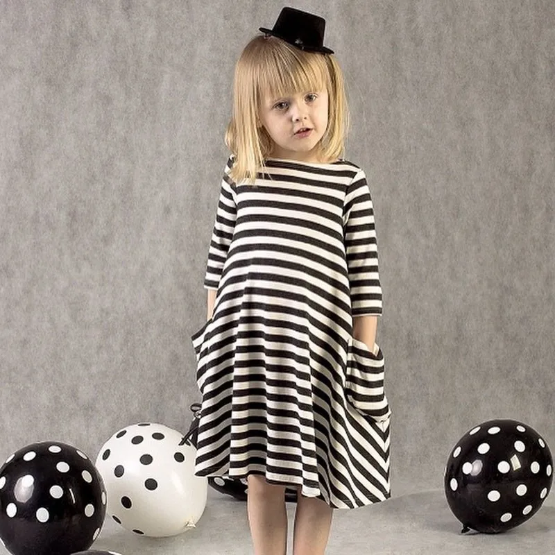 2020 Dekleta Obleke Euro Modne Blagovne Znamke Otroci Obleko Črno Belo Črtasto Dekle Skokih Baby Girl Obleke Obleke Tri Četrtletja