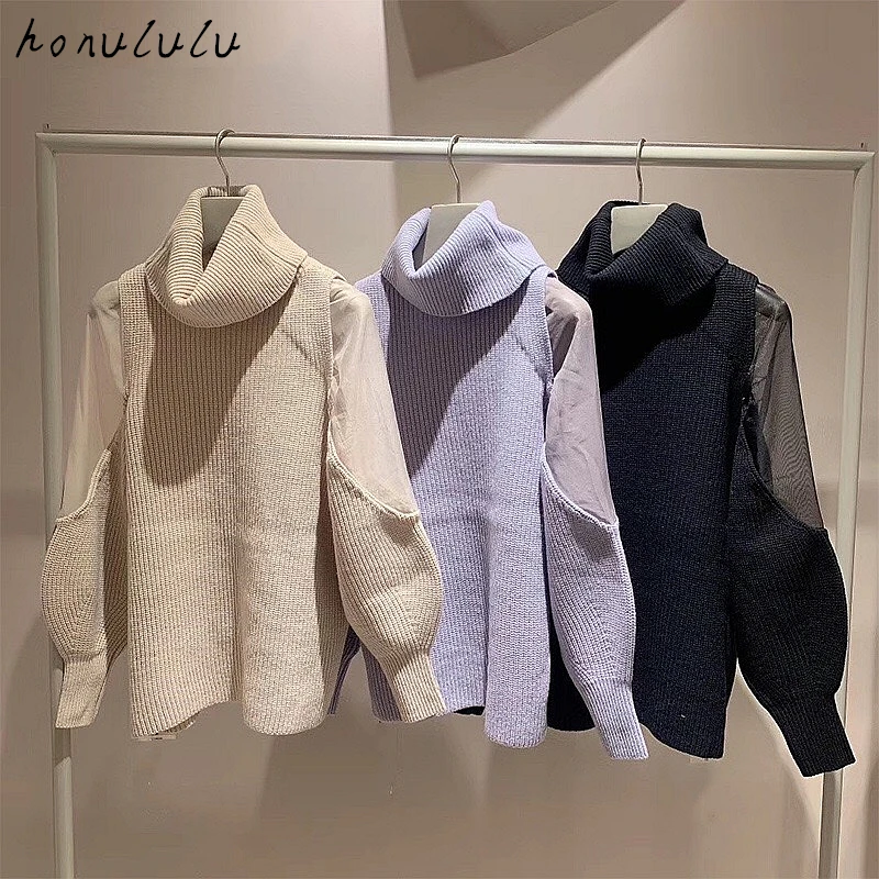 2020 jeseni in pozimi Japonski novih izdelkov, vse-tekmo elegantno til brez naramnic, šivanje visoko river pleteni pulover ženske