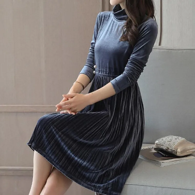 2020 Jeseni Korejski Slog Ženske Obleke Žamet Elegantno Linijo Poln Rokav Dame, Obleke Za Delo Urada Femme Vestidos