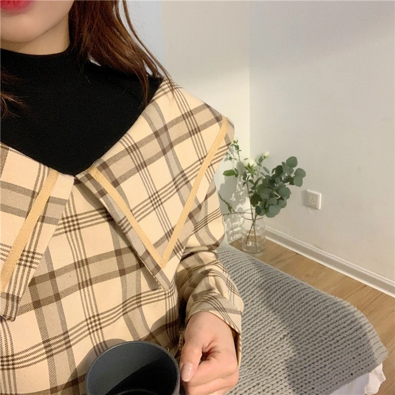 2020 jeseni lutka ovratnik ponaredek dva kosa bluzo korejski retro kariran shirt ženski oblikovanja vintage bluze