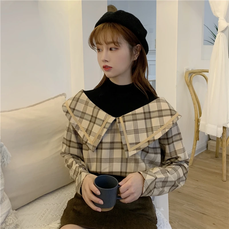 2020 jeseni lutka ovratnik ponaredek dva kosa bluzo korejski retro kariran shirt ženski oblikovanja vintage bluze