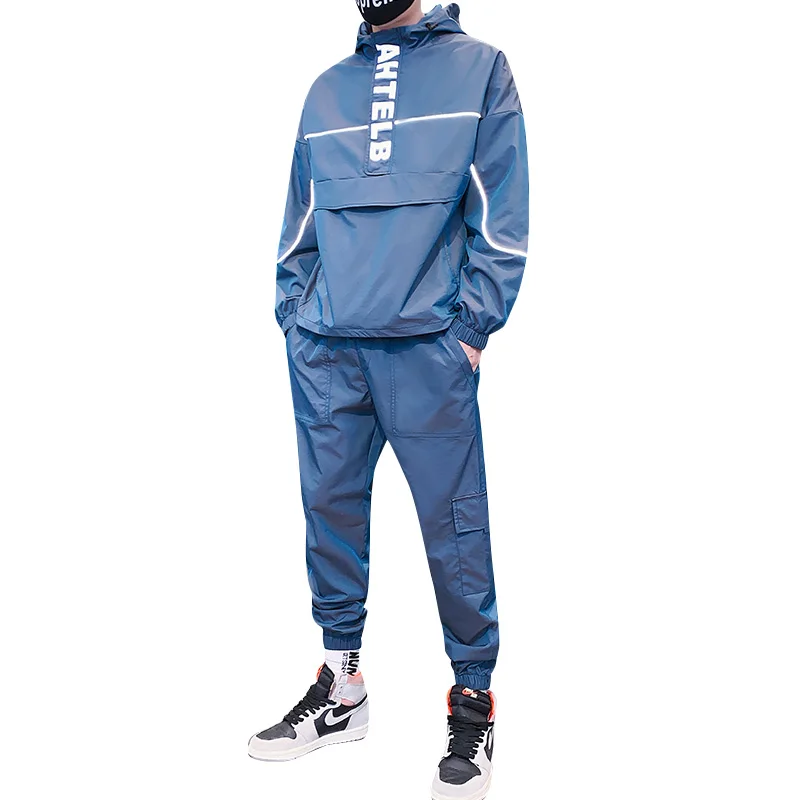 2020 Jeseni Nov Modni Reflektivni Trenirka Moški Hooded Znoj Obleke, 2 Delni Komplet Moških Ulične Jogger Obleke Plus Velikost S-5XL