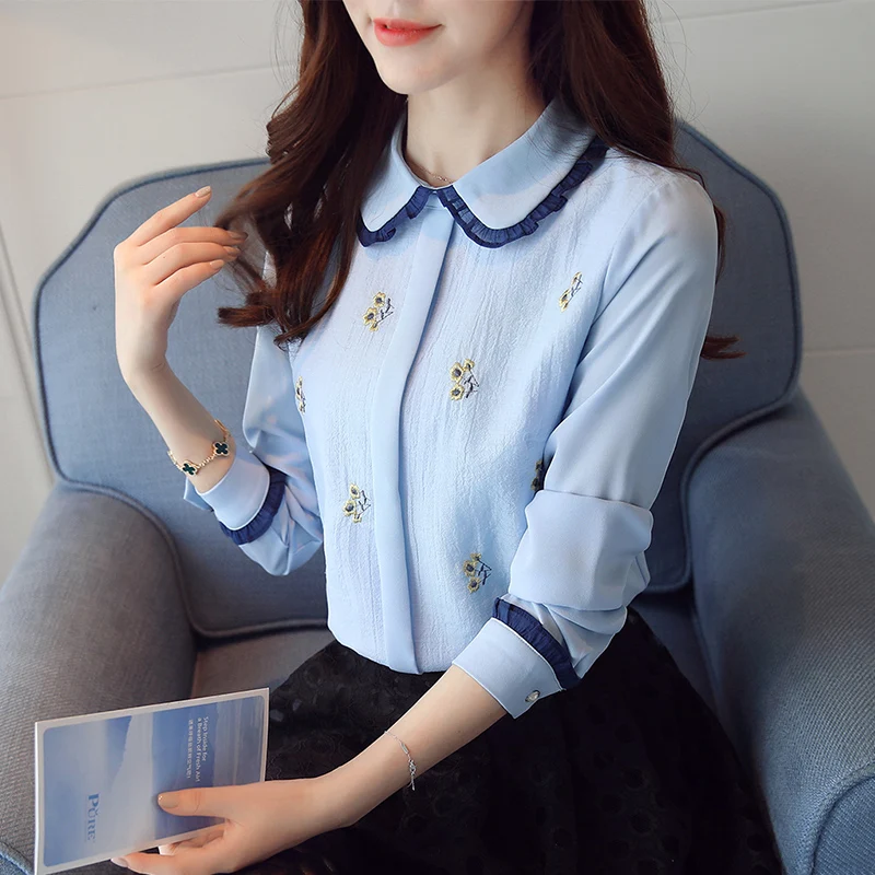 2020 jeseni novo pisarno stojalo ovratnik bowknot majica dolgi rokavi korejski šifon shirt ženski vezenje okrasnih zgornji deli oblacil ženske