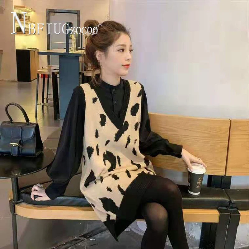 2020 Jeseni, Pozimi Moda Za Ženske Določa Leopard Pletenje Majice In Črno Bluzo Ženski Kompleti
