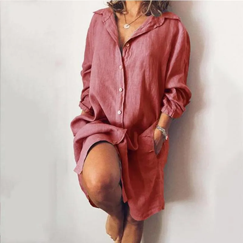 2020 Jeseni River Vratu Dolgimi Rokavi Obleka Ženske Long Sleeve Solid Svoboden Gumb Pocket Sundress Dela Priložnostne Obleko Vestido Preobsežne
