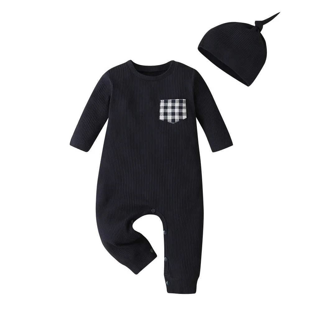 2020 Jeseni Slog Dojenčka Newborn Baby Romper Dolg Rokav Kariran Žep Črni Klobuk Srčkan Jumpsuits Bombaž Obleke Obleke