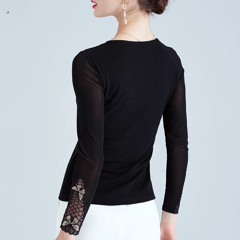 2020 Jeseni ženske t-shirt Moda metulj vezene dolgo sleeved lace majica z diamanti plus velikost ženske vrhovi črna