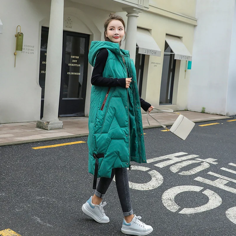 2020 Jesensko Zimski Modni Telovnik Womens Plašč Korejski Velikosti Toplo Majice Elegantno Hooded Dolgo Dame Telovnik Bombaž Gilet