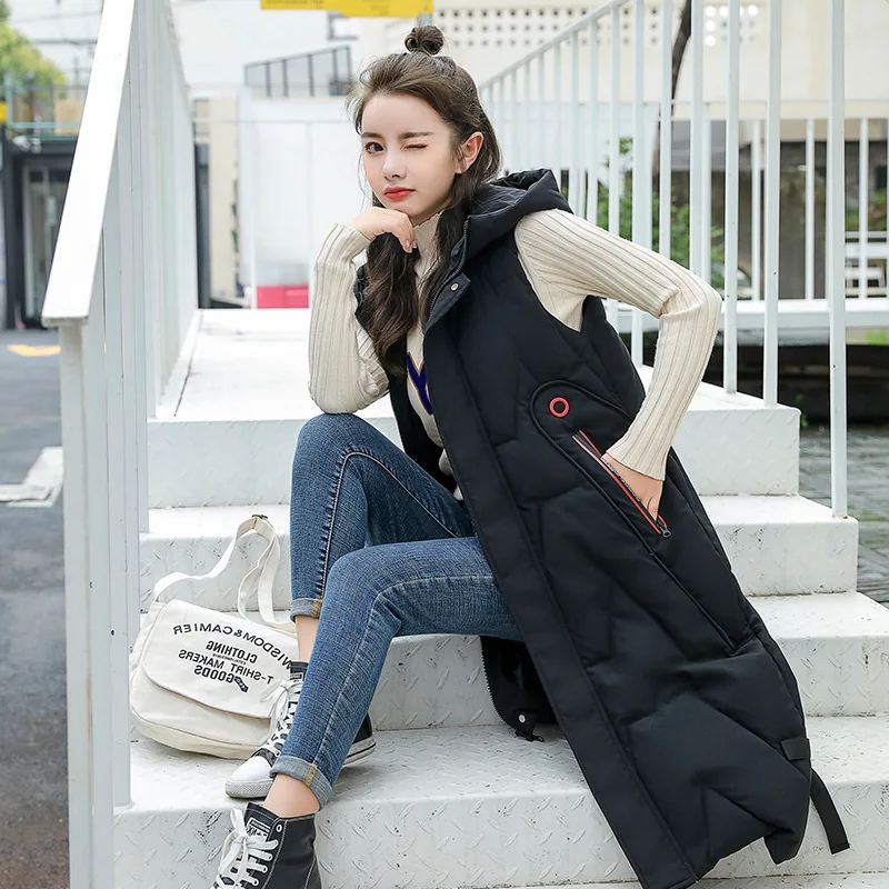 2020 Jesensko Zimski Modni Telovnik Womens Plašč Korejski Velikosti Toplo Majice Elegantno Hooded Dolgo Dame Telovnik Bombaž Gilet