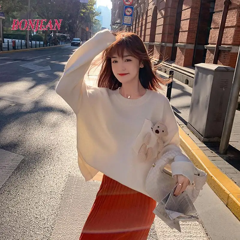 2020 Jesensko Zimski pulover ženske, korejski Harajuku Medved Japonski Kawaii Krog vratu Ženski pulover svoboden plus velikost pulover