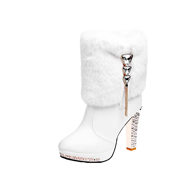 2020 Kvadratnih pete ženske zimske čevlje, klasične sponke toplo krzno sneg dame čevlji z visokimi petami je črna platformo gleženj škornji ženske botas