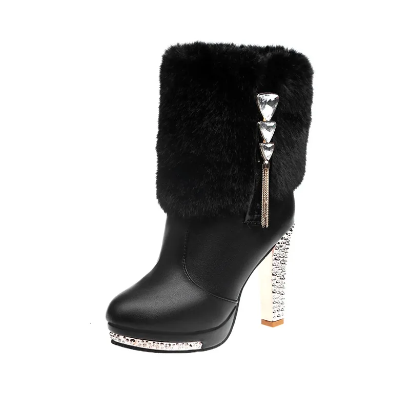 2020 Kvadratnih pete ženske zimske čevlje, klasične sponke toplo krzno sneg dame čevlji z visokimi petami je črna platformo gleženj škornji ženske botas