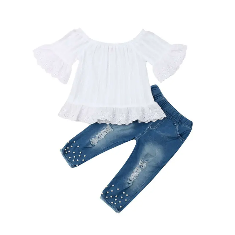 2020 Malčka Otroci Baby Dekleta poletje obleko, kratek rokav Off Ramenski bela tee Vrhovi modro luknjo jeans Hlače 2 kos Obleke set1-6Y