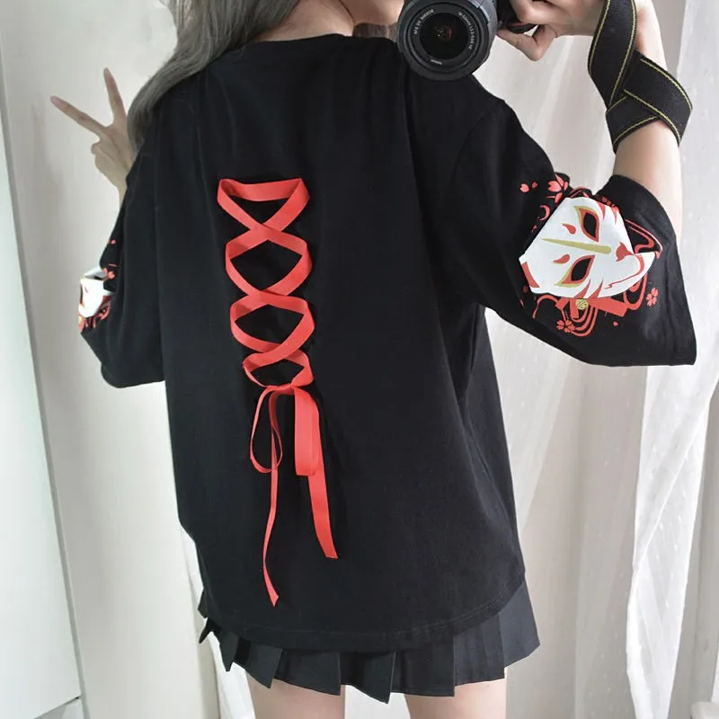 2020 Moda Poletje Majica s kratkimi rokavi Ženske Oblačila Anime Fox Natisnjeni Prečni Trak T-shirt Ženske Črna Harajuku Vrhovi