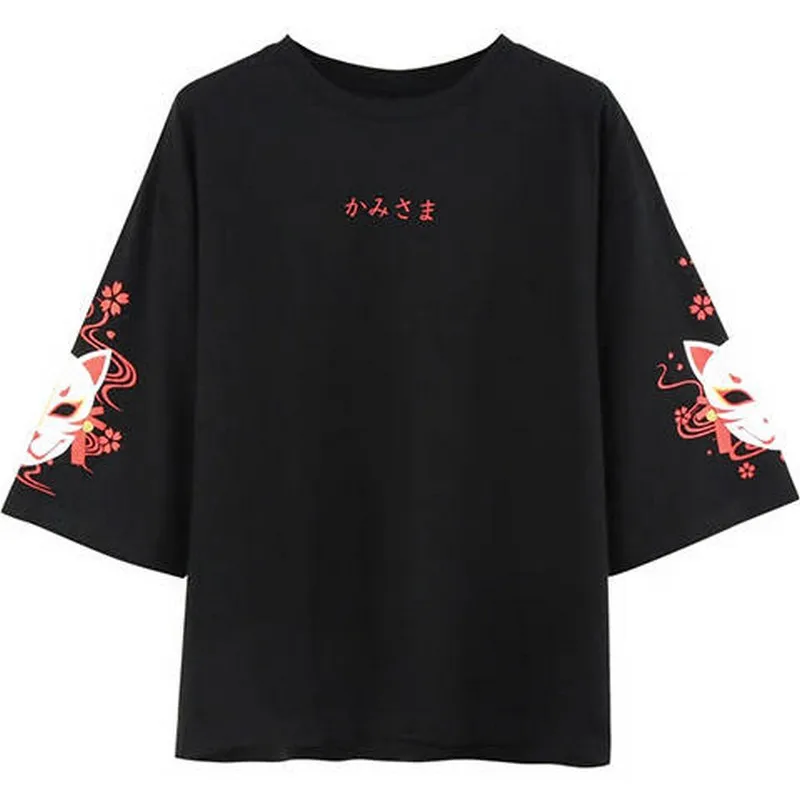 2020 Moda Poletje Majica s kratkimi rokavi Ženske Oblačila Anime Fox Natisnjeni Prečni Trak T-shirt Ženske Črna Harajuku Vrhovi