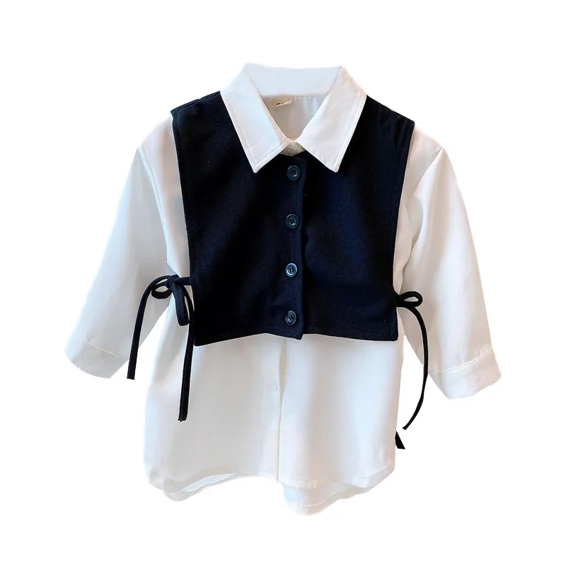 2020 Nov Modni Malčka Dekleta Dolgo Majico in Telovnik 2 Kos Oblačila Sklop Otrok Obleke Belo Bluzo Srajco in Črno Wasitcoat