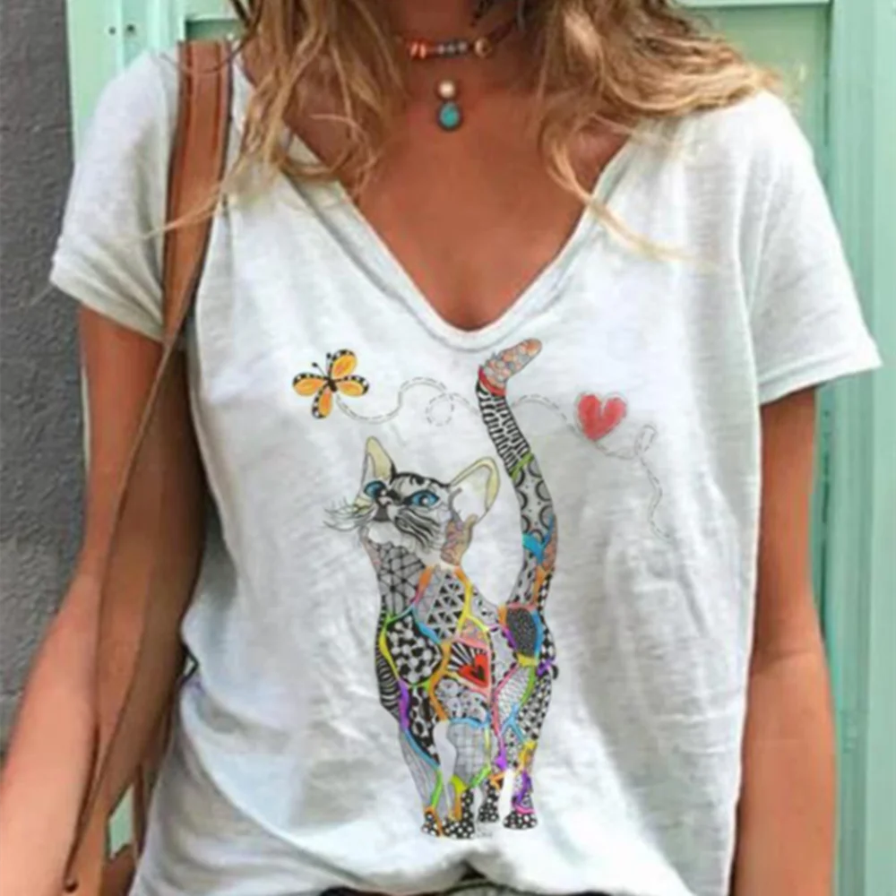 2020 Nov Prihod Priložnostne Bele Barve Mačka Tiskanja V Vratu Ženske T-shirt Poletje Svoboden Kratkimi Risanka Tiskanja Bombaž Vrhovi