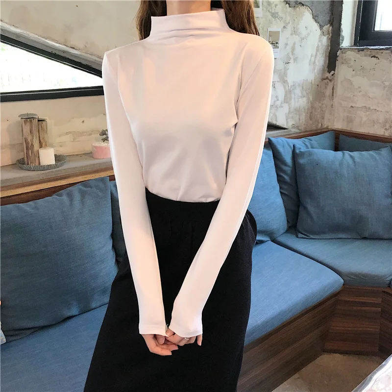 2020 nova barva dolgo sleeved slim visoko vratu čistega bombaža T-shirt dno rokavi ženske siva