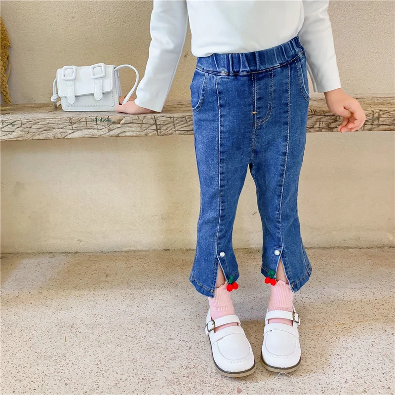 2020 Nove jesensko dekleta visoko-elastične denim sežgati hlače korejski modni stil otrok slim-fit split hlače