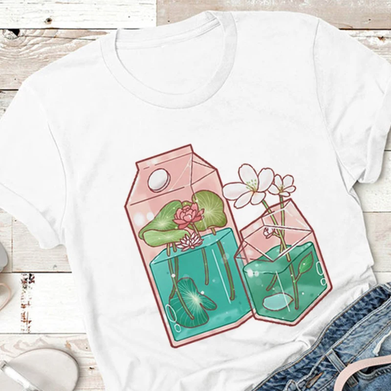 2020 Nove MLEKO, Sok, Pijača Srčkan Risanka Ženske T shirt Harajuku Kawaii Pomlad Poletje Tshirt Priložnostne Tumblr Obleko Moda Vrhovi