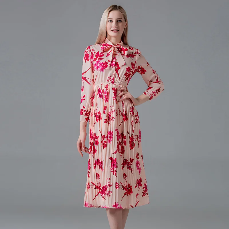 2020 Nove Vzletno-Pristajalne Steze Oblikovalec Evropske Starana Rdeča Cvjetnim Tiskanja Midi Naguban Stranka Obleke, Ženske Vestidos Haljo Femme Obleko