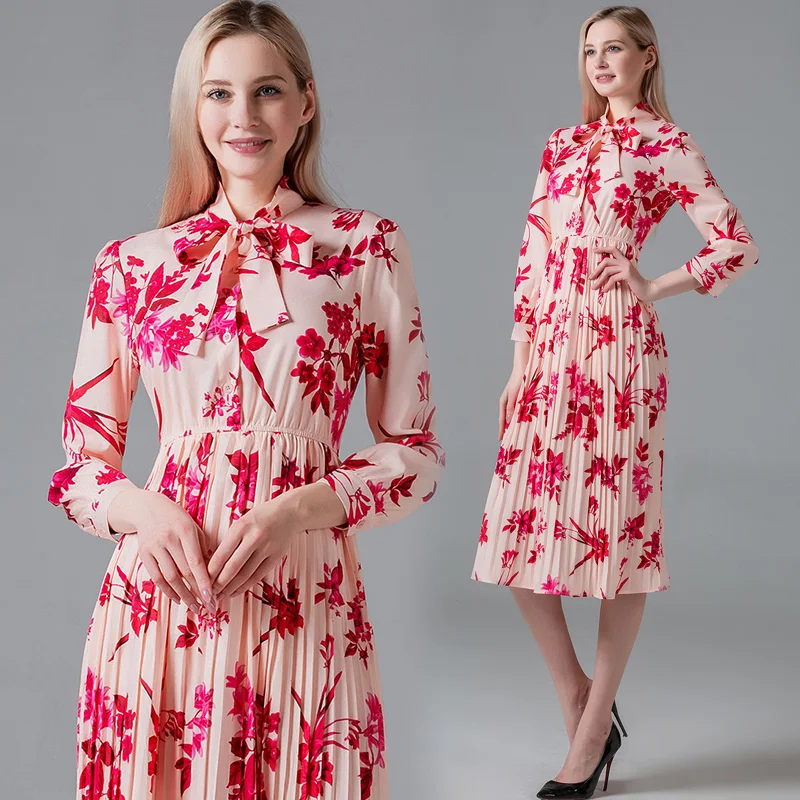 2020 Nove Vzletno-Pristajalne Steze Oblikovalec Evropske Starana Rdeča Cvjetnim Tiskanja Midi Naguban Stranka Obleke, Ženske Vestidos Haljo Femme Obleko
