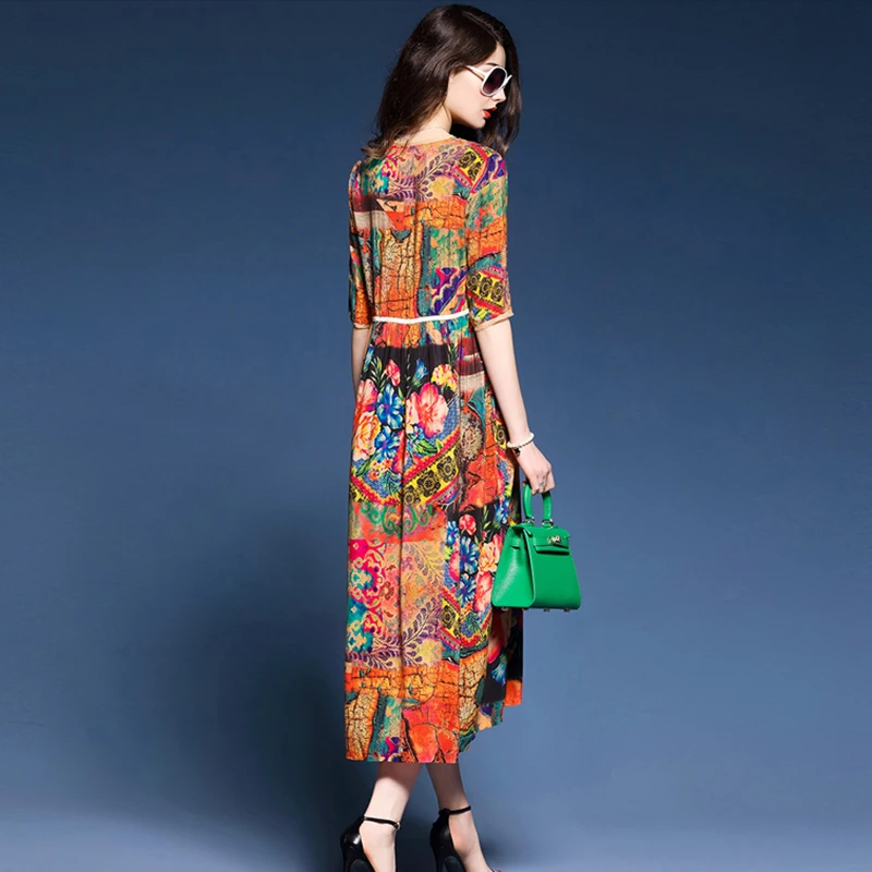 2020 nove Ženske obleke Elegantno Cvetlični Pomlad Poletje Kratek rokav Vestidos Kitajski Letnik Tiskanja Umetno Svilene Obleke Visoke Kakovosti