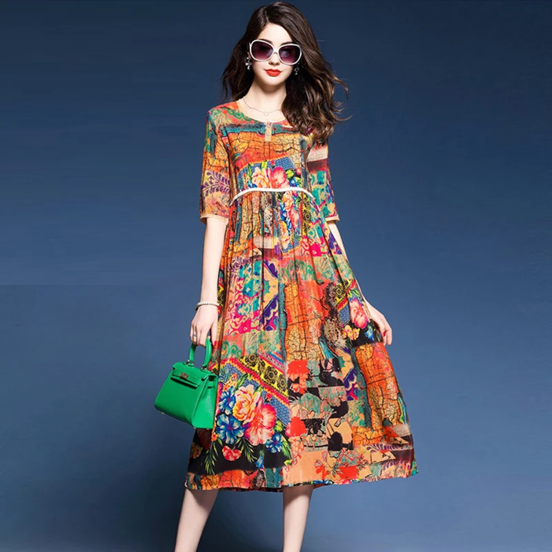 2020 nove Ženske obleke Elegantno Cvetlični Pomlad Poletje Kratek rokav Vestidos Kitajski Letnik Tiskanja Umetno Svilene Obleke Visoke Kakovosti
