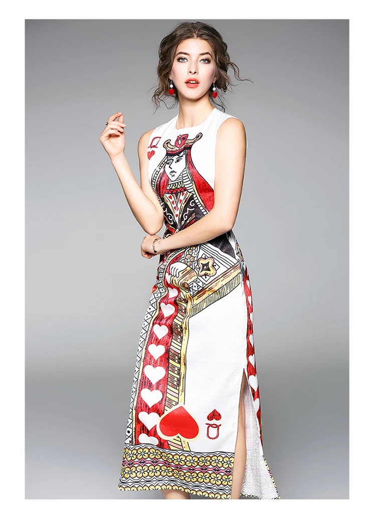 2020 Novi Evropski Stil Pomlad Poletje Moda Kraljica Poker Tiskanja Vzletno-Pristajalne Steze Ženske Obleke Brez Rokavov Stranka Zarezami Dolgo Maxi Tank Obleko