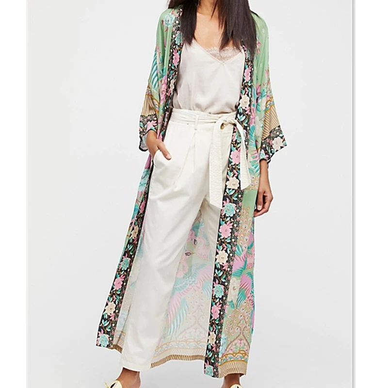 2020 Novo Boho Slog, Moda Letnik Cvjetnim Tiskanja Obleka Ženske Plaži Elegantna Svoboden Kimono Sashes Dolge Počitnice Obleke Ženska Vestidos