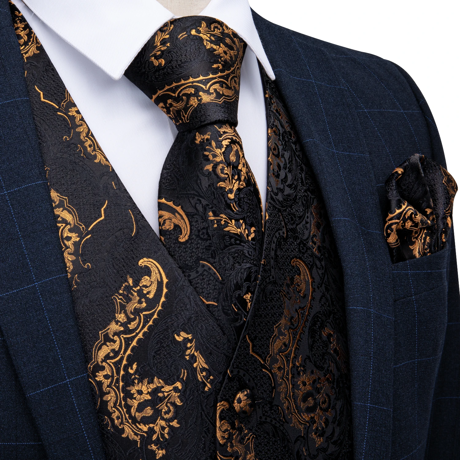 2020 Novo Modno moško Obleko Telovnik Zlato Paisley, Črna Svila Waistcoat brez Rokavov Formalnih Poslovnih Jakno Obleko Majice Za Moške DiBanGu