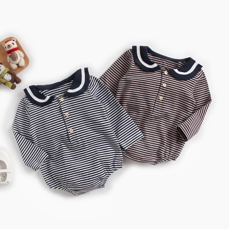 2020 Novo Modno Črtasto Baby Fantje Mornar, Igralne Obleke Enem Kosu Dolg Rokav Jumpsuits Bombaž Novorojenčka Oblačila Za Malčke Kostum Sunsuits