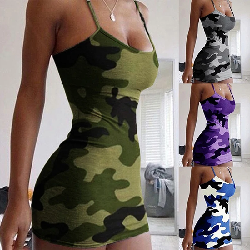 2020 Novo Poletje Moda Za Ženske Seksi Tank Camis Obleko Slim Priložnostne Maskirno Vojaško O-Vratu Tiskanja Splice Imperij Mini Obleke Telovnik