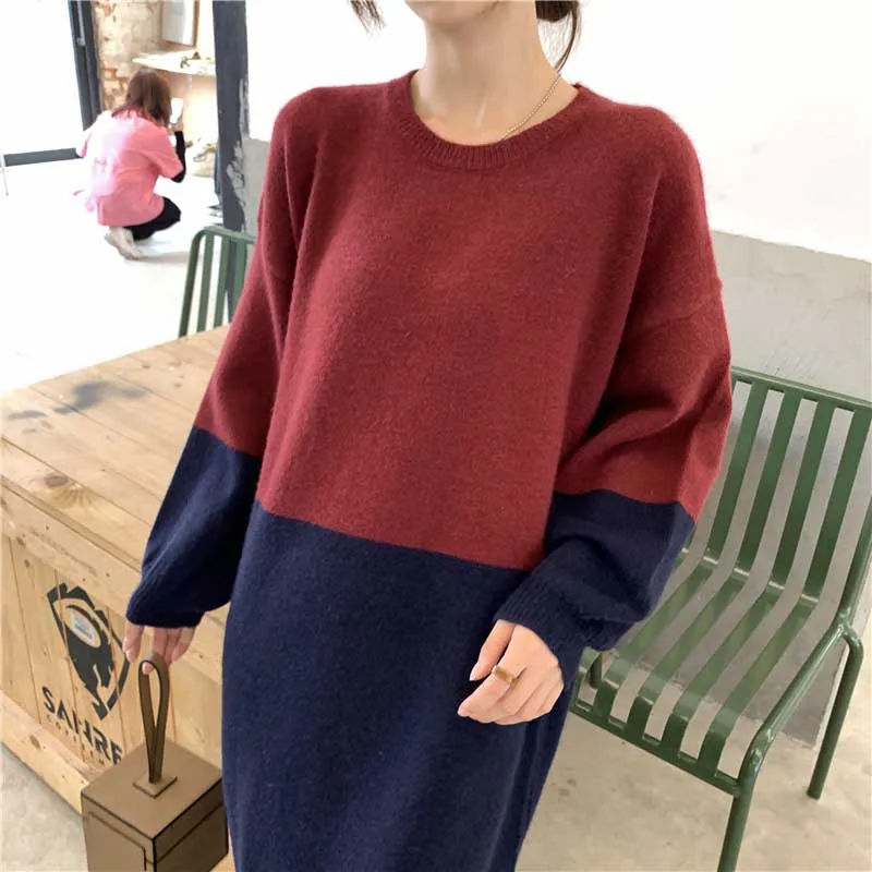 2020 Obleko Pulover Ženske, Jeseni, Pozimi Moda Iz Enega Kosa Dolg Rokav Colorblock Obleko Korejski Lady Plus Velikost Ohlapno Pleteno Obleko