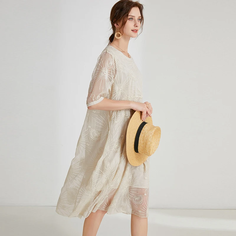 2020 Poletje nove ženske Elegantno obleko svoboden moda Šifon mozaik vezene obleke krog vratu kratek rokav visoko pasu obleko