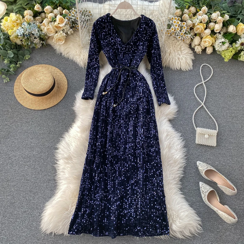 2020 Poletje Novo Bling Bling Sequined Ženske Obleke Dolgo Maxi Lady Elegantne Obleke Proti-Vrat Trdna Obleke Vrh Kakovosti